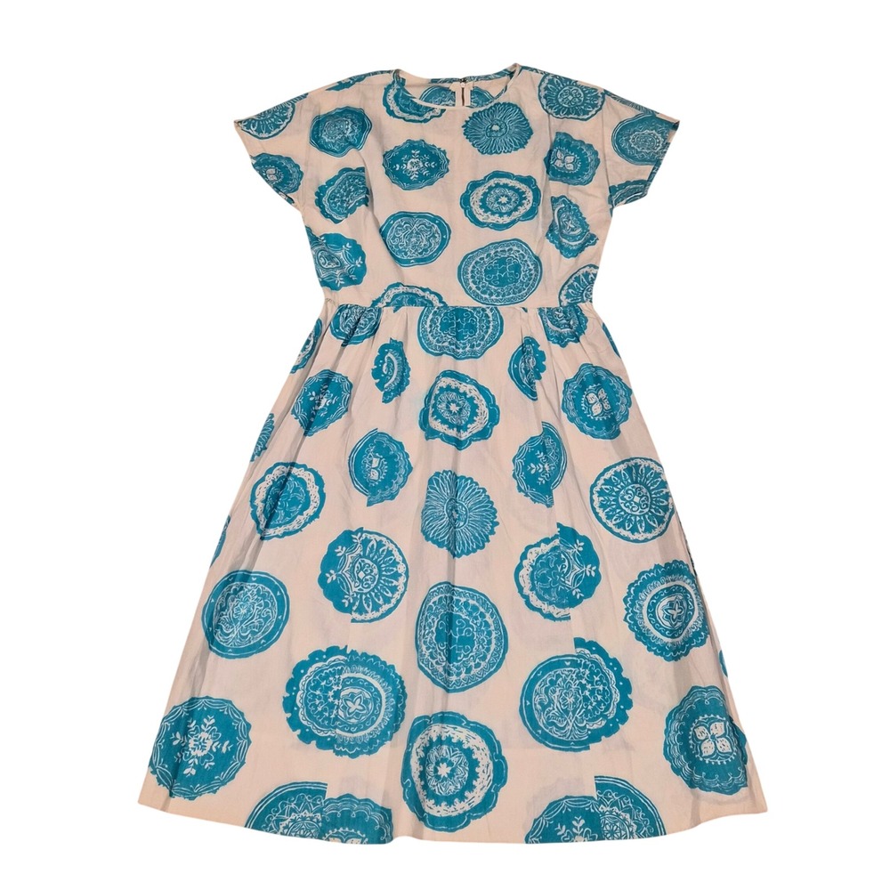 Vintage White Turquoise Medallion Block Print Fit & Flare Midi Dress Cap Sleeve